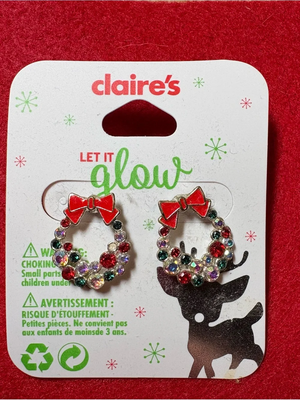 Claire's Red Bow Wreath Earrings with Multicolored Rhinestones